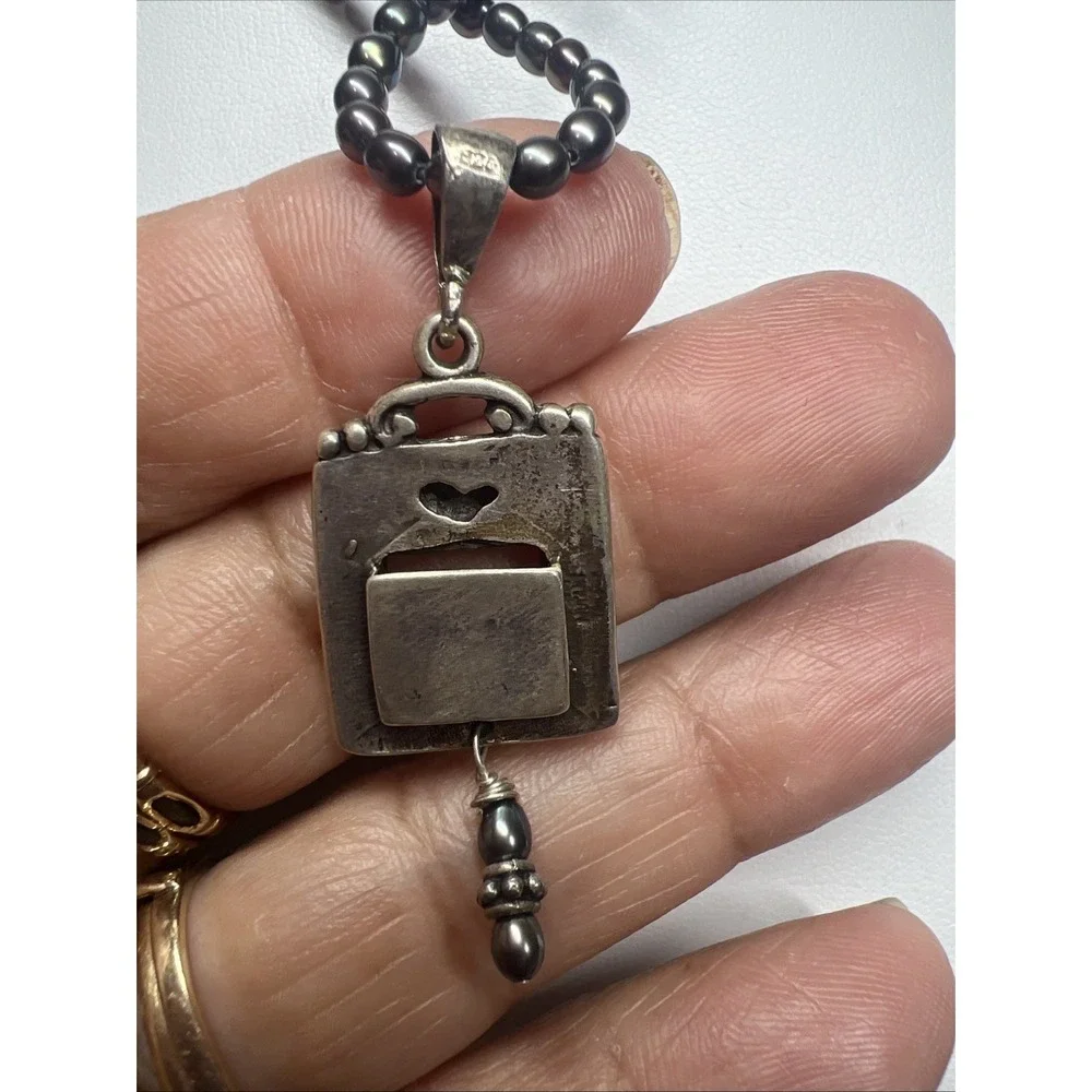 925 Sterling Silver Gray Brown Pearl Photo Pendant Necklace 16.2g